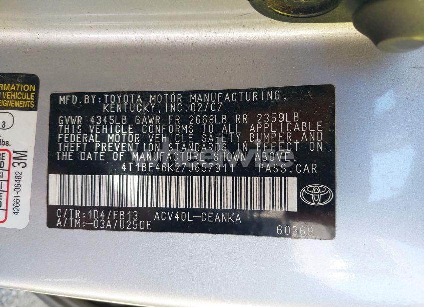 Photo 9 of 2007 Toyota Camry LE (VIN 4T1BE46K27U657911)