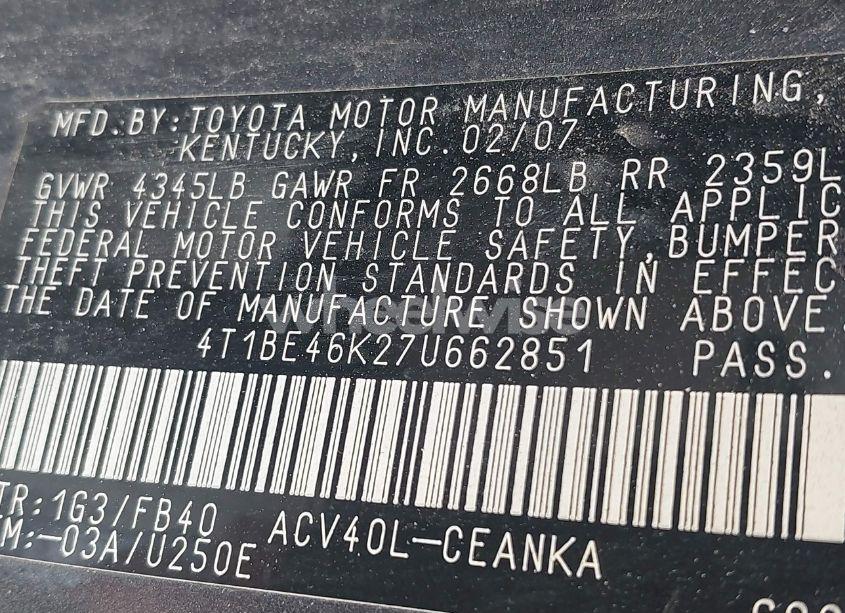 Photo 9 of 2007 Toyota Camry LE (VIN 4T1BE46K27U662851)