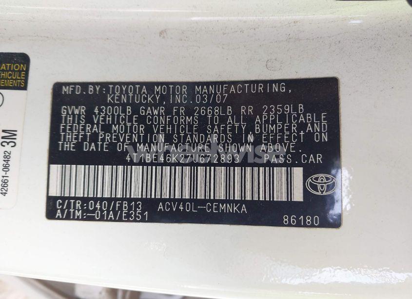 Photo 9 of 2007 Toyota Camry CE/LE/XLE/SE (VIN 4T1BE46K27U672893)