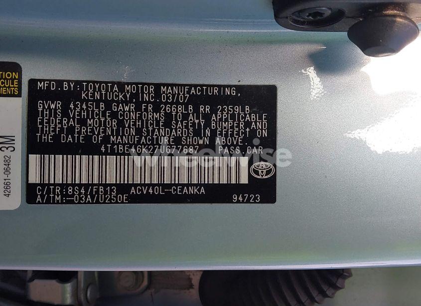 Photo 9 of 2007 Toyota Camry LE (VIN 4T1BE46K27U677687)