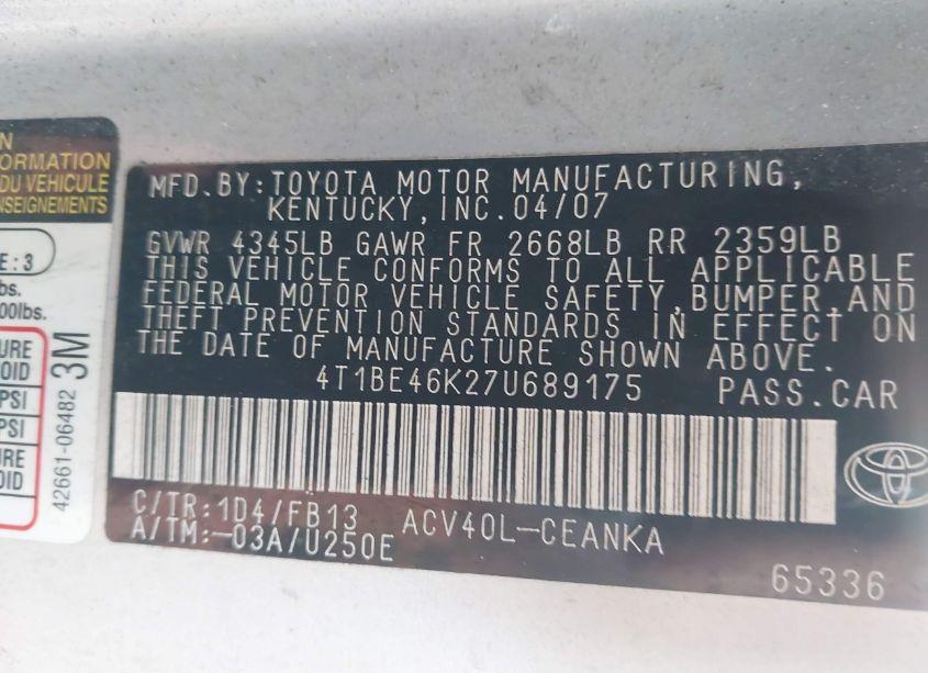 Photo 9 of 2007 Toyota Camry LE (VIN 4T1BE46K27U689175)