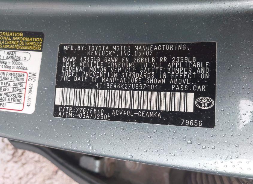 Photo 9 of 2007 Toyota Camry LE (VIN 4T1BE46K27U697101)