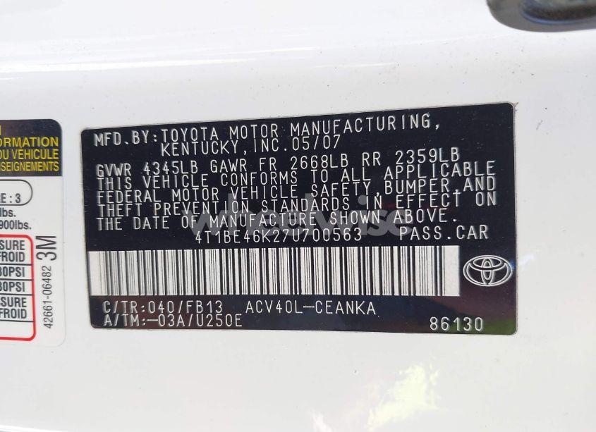 Photo 9 of 2007 Toyota Camry CE (VIN 4T1BE46K27U700563)