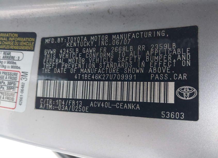 Photo 9 of 2007 Toyota Camry CE/LE/SE/XLE (VIN 4T1BE46K27U709991)