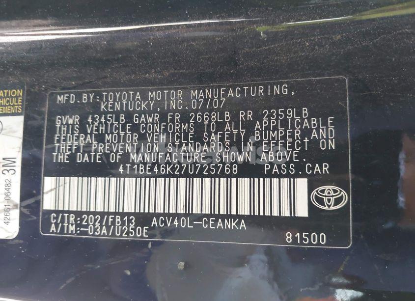 Photo 9 of 2007 Toyota Camry LE (VIN 4T1BE46K27U725768)