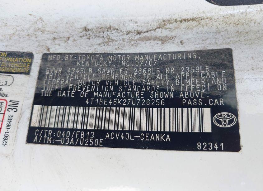 Photo 9 of 2007 Toyota Camry LE (VIN 4T1BE46K27U726256)