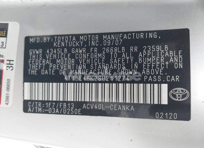 Photo 9 of 2008 Toyota Camry LE (VIN 4T1BE46K28U211274)