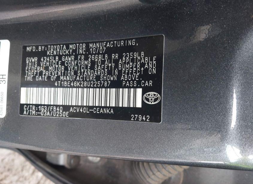 Photo 9 of 2008 Toyota Camry LE (VIN 4T1BE46K28U225787)