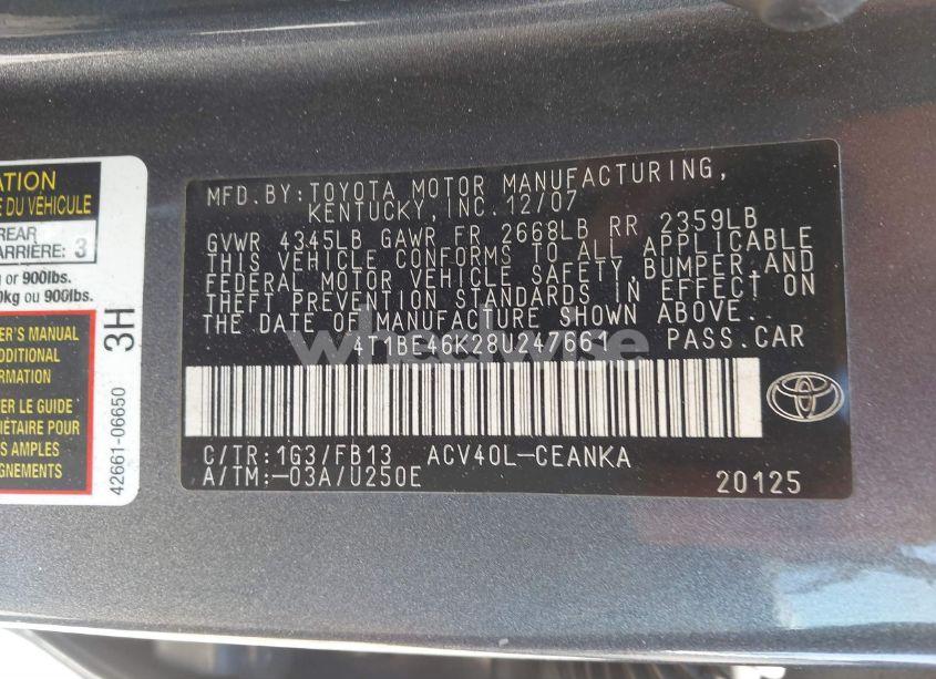 Photo 9 of 2008 Toyota Camry LE (VIN 4T1BE46K28U247661)