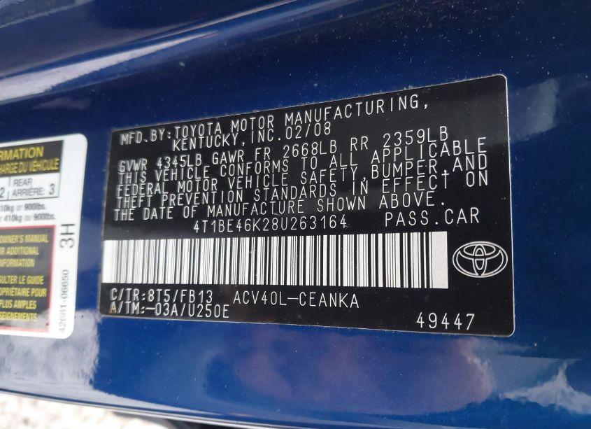 Photo 9 of 2008 Toyota Camry (VIN 4T1BE46K28U263164)