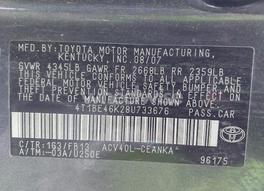 Photo 9 of 2008 Toyota Camry LE (VIN 4T1BE46K28U733676)