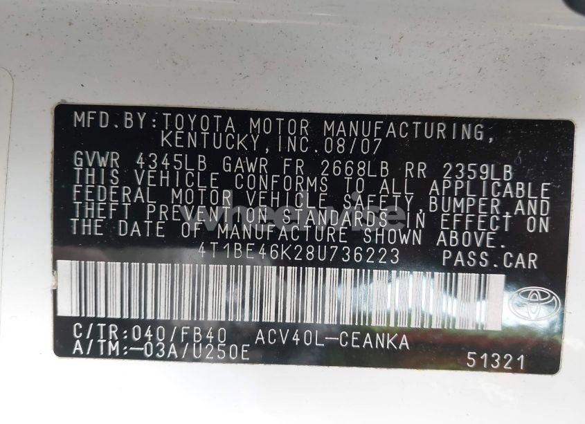 Photo 9 of 2008 Toyota Camry (VIN 4T1BE46K28U736223)