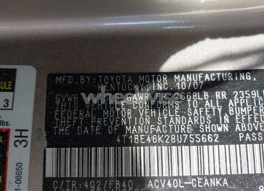 Photo 9 of 2008 Toyota Camry LE (VIN 4T1BE46K28U755662)