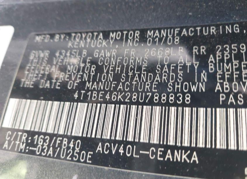 Photo 9 of 2008 Toyota Camry LE (VIN 4T1BE46K28U788838)