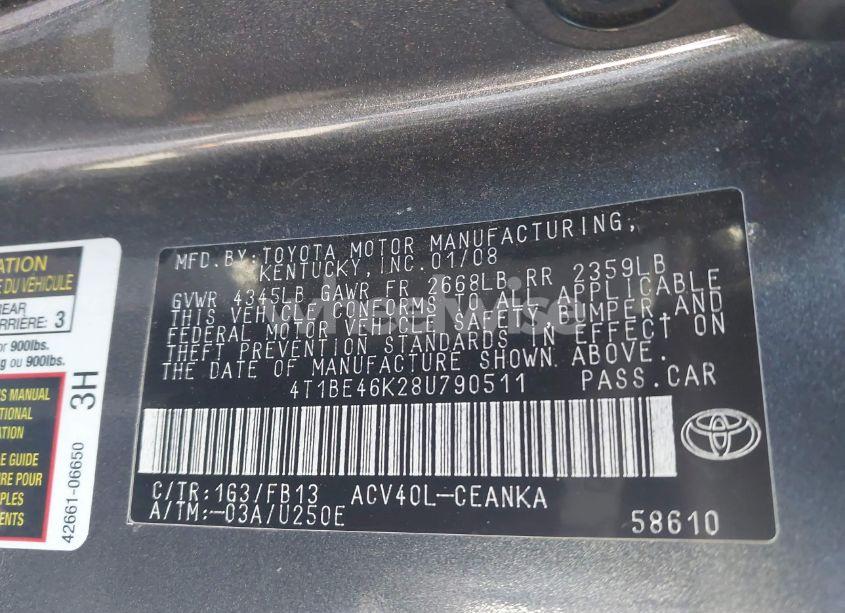 Photo 9 of 2008 Toyota Camry LE (VIN 4T1BE46K28U790511)