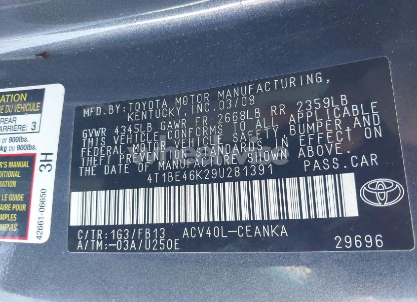 Photo 9 of 2009 Toyota Camry LE (VIN 4T1BE46K29U281391)