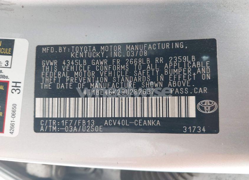 Photo 9 of 2009 Toyota Camry LE (VIN 4T1BE46K29U282637)