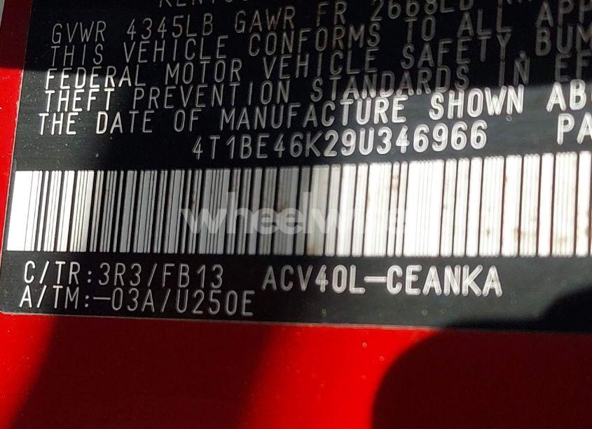 Photo 9 of 2009 Toyota Camry LE (VIN 4T1BE46K29U346966)