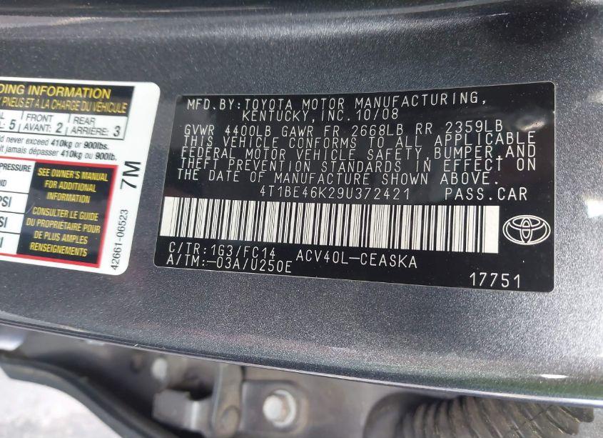Photo 9 of 2009 Toyota Camry SE (VIN 4T1BE46K29U372421)