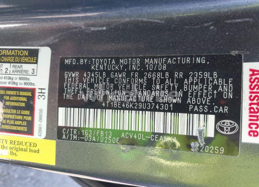 Photo 9 of 2009 Toyota Camry LE (VIN 4T1BE46K29U374301)