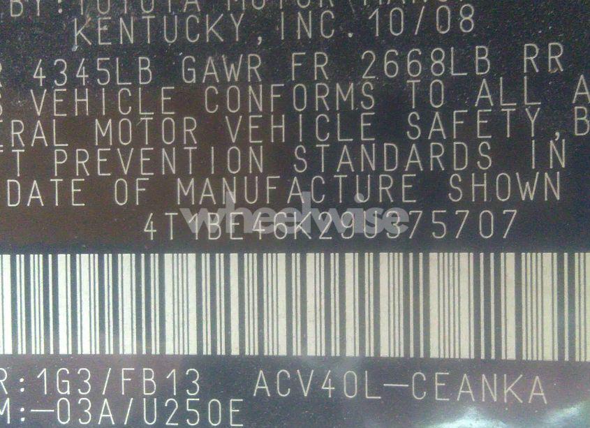 Photo 9 of 2009 Toyota Camry LE (VIN 4T1BE46K29U375707)