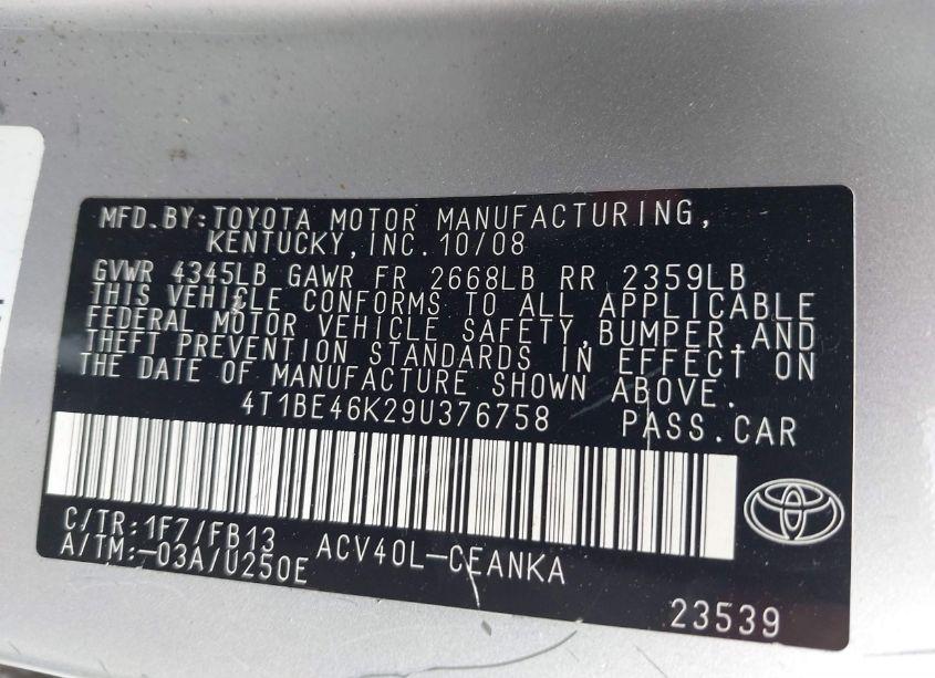 Photo 9 of 2009 Toyota Camry LE (VIN 4T1BE46K29U376758)