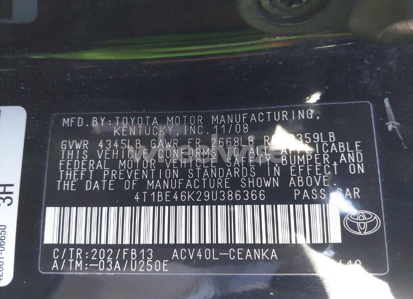 Photo 9 of 2009 Toyota Camry LE (VIN 4T1BE46K29U386366)