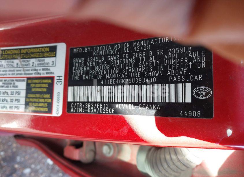 Photo 9 of 2009 Toyota Camry LE (VIN 4T1BE46K29U393480)