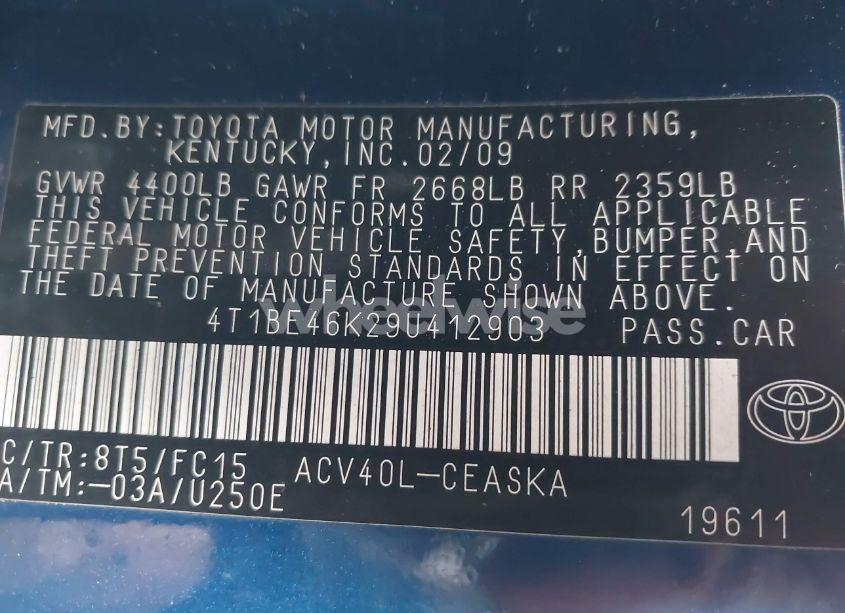 Photo 9 of 2009 Toyota Camry SE (VIN 4T1BE46K29U412903)