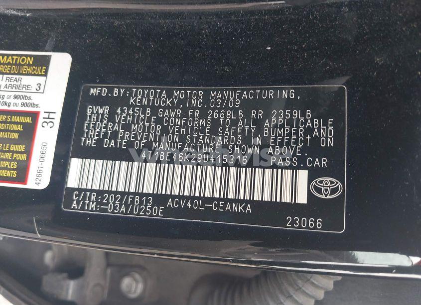 Photo 9 of 2009 Toyota Camry (VIN 4T1BE46K29U415316)