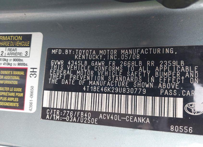 Photo 9 of 2009 Toyota Camry LE (VIN 4T1BE46K29U830779)