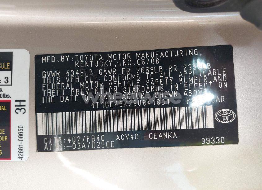 Photo 9 of 2009 Toyota Camry LE (VIN 4T1BE46K29U841801)