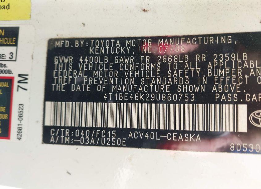 Photo 9 of 2009 Toyota Camry SE (VIN 4T1BE46K29U860753)