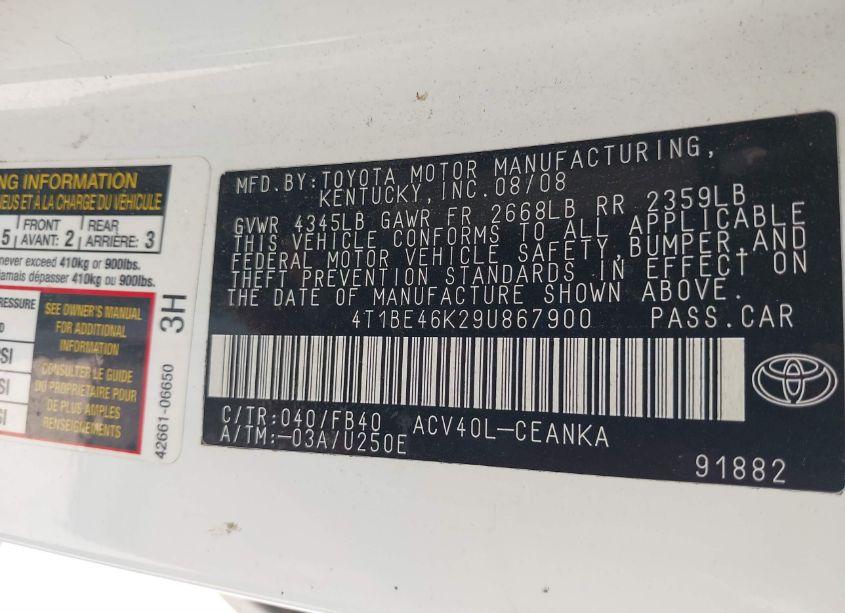 Photo 9 of 2009 Toyota Camry LE (VIN 4T1BE46K29U867900)