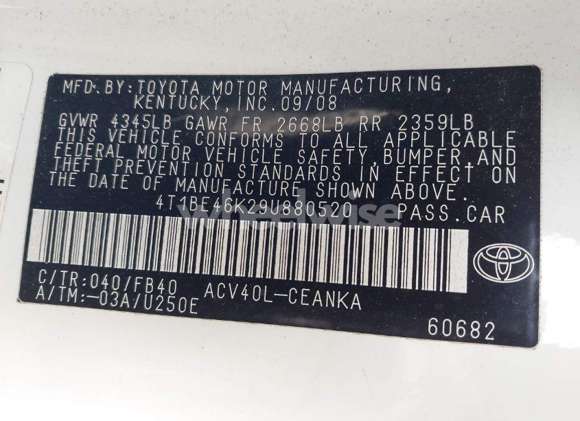 Photo 9 of 2009 Toyota Camry LE (VIN 4T1BE46K29U880520)