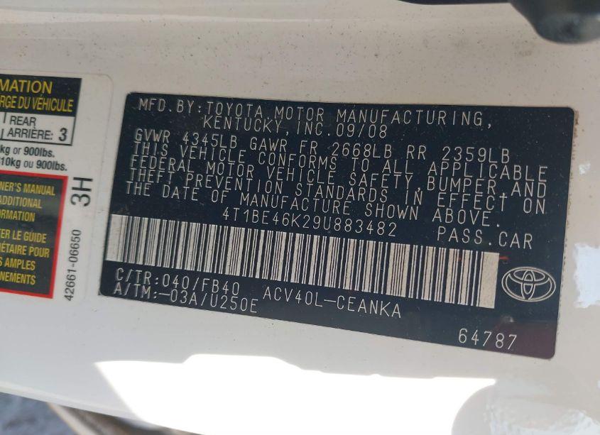 Photo 9 of 2009 Toyota Camry LE (VIN 4T1BE46K29U883482)