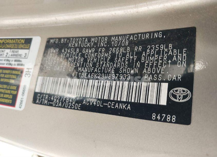 Photo 9 of 2009 Toyota Camry LE (VIN 4T1BE46K29U897933)