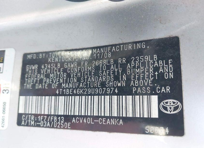 Photo 9 of 2009 Toyota Camry LE (VIN 4T1BE46K29U907974)