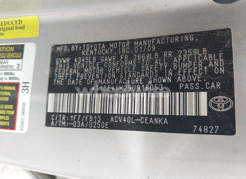 Photo 9 of 2009 Toyota Camry LE (VIN 4T1BE46K29U918053)