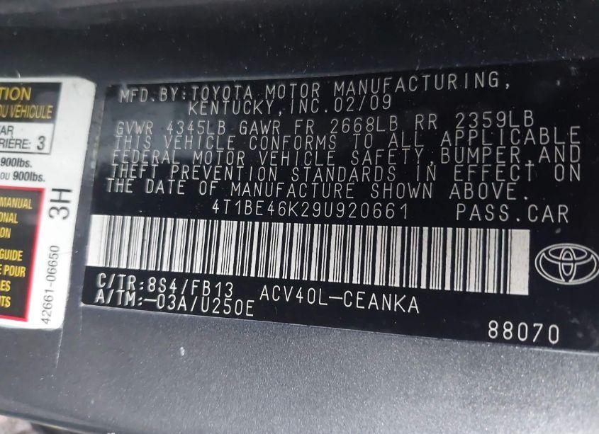 Photo 9 of 2009 Toyota Camry LE (VIN 4T1BE46K29U920661)