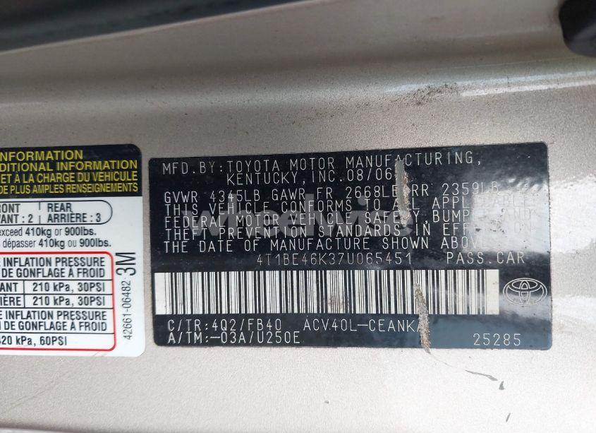 Photo 9 of 2007 Toyota Camry LE (VIN 4T1BE46K37U065451)