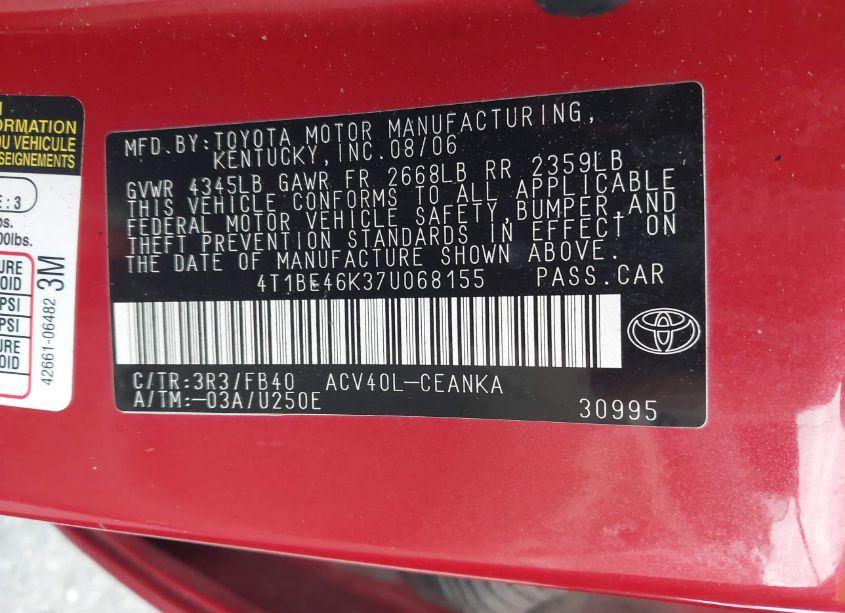 Photo 9 of 2007 Toyota Camry LE (VIN 4T1BE46K37U068155)