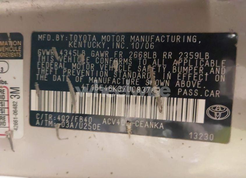 Photo 9 of 2007 Toyota Camry LE (VIN 4T1BE46K37U083769)