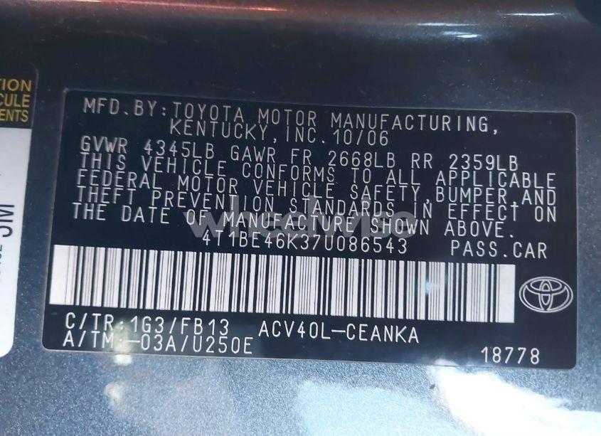 Photo 9 of 2007 Toyota Camry LE (VIN 4T1BE46K37U086543)