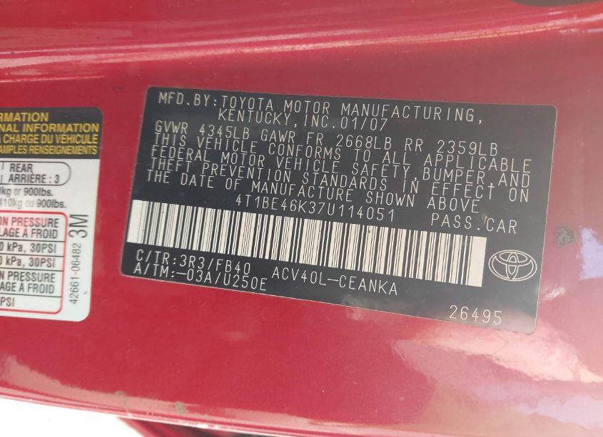 Photo 9 of 2007 Toyota Camry LE (VIN 4T1BE46K37U114051)