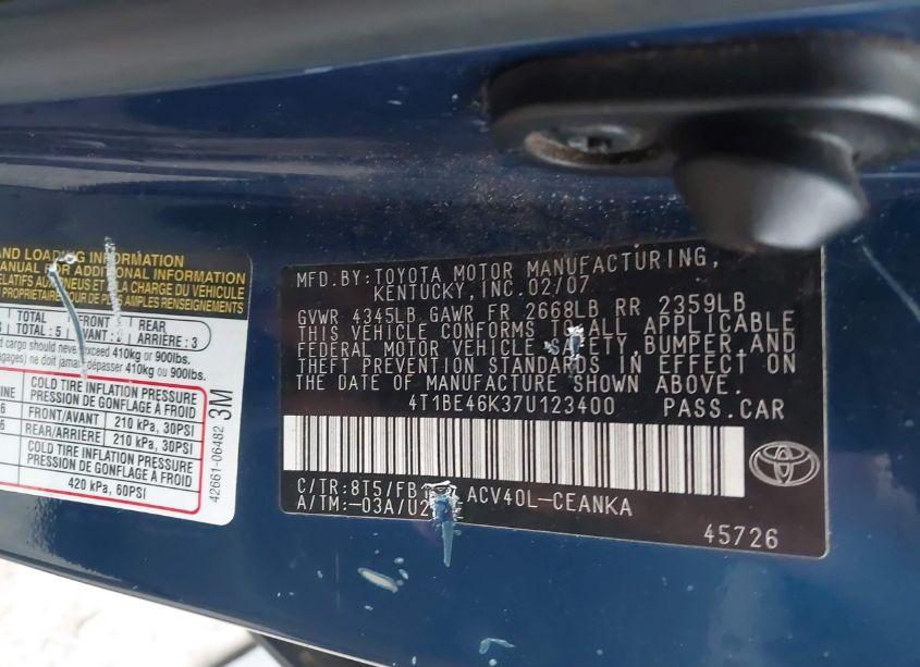 Photo 9 of 2007 Toyota Camry LE (VIN 4T1BE46K37U123400)
