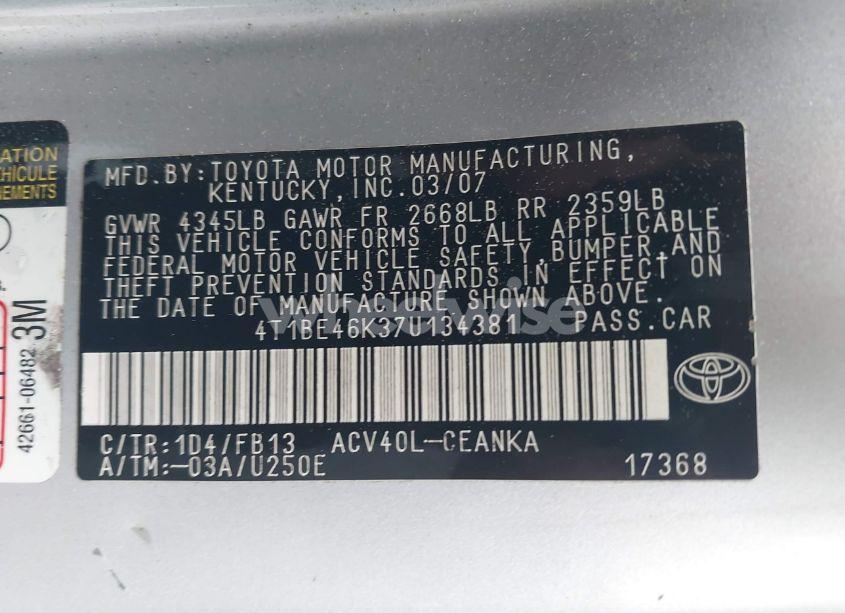 Photo 9 of 2007 Toyota Camry LE (VIN 4T1BE46K37U134381)