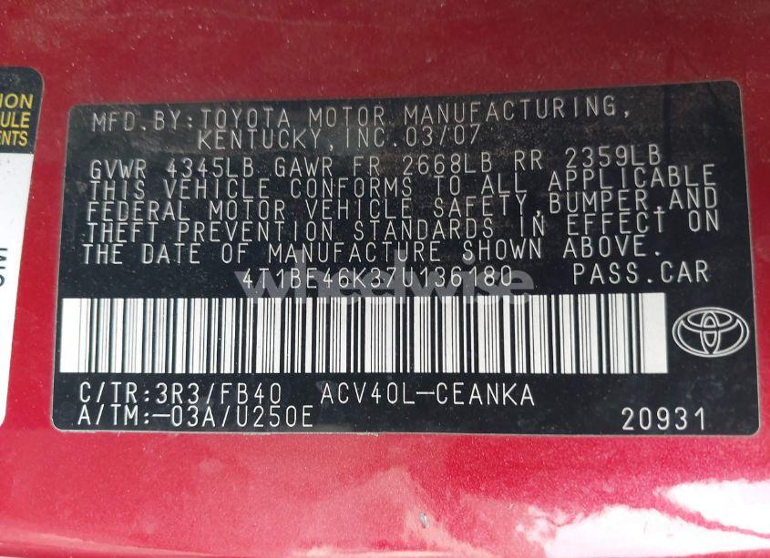 Photo 9 of 2007 Toyota Camry LE (VIN 4T1BE46K37U136180)