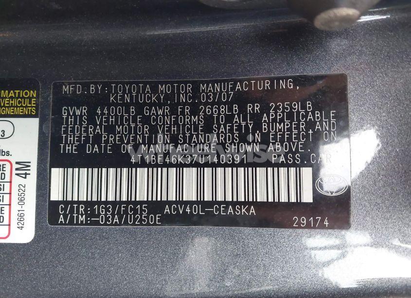 Photo 9 of 2007 Toyota Camry SE (VIN 4T1BE46K37U140391)