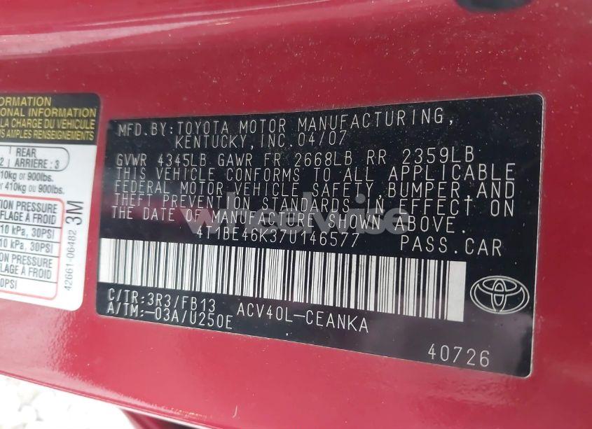 Photo 9 of 2007 Toyota Camry LE (VIN 4T1BE46K37U146577)